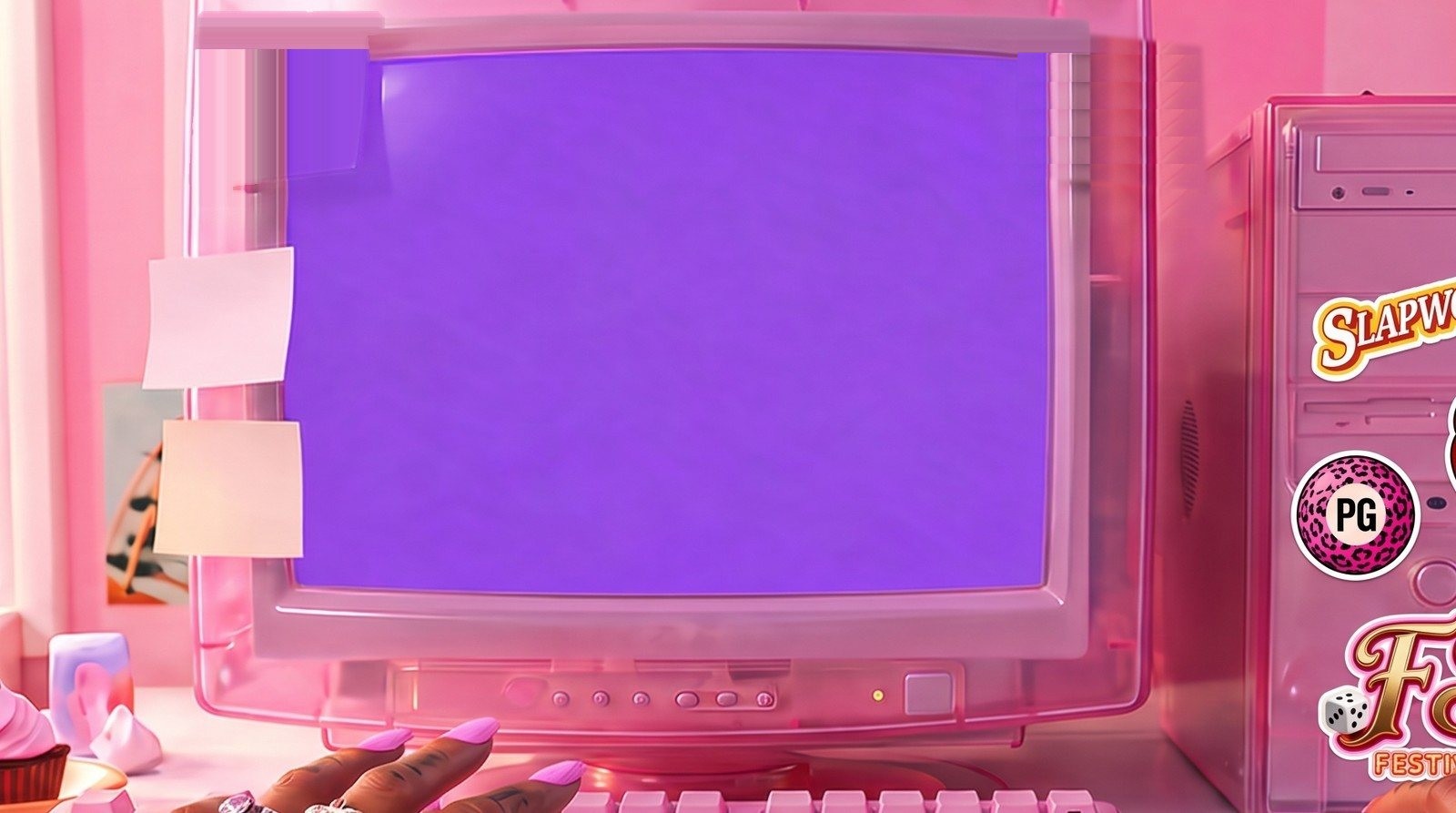 The clear pink Y2K computer screen with sticky notes on the bezel