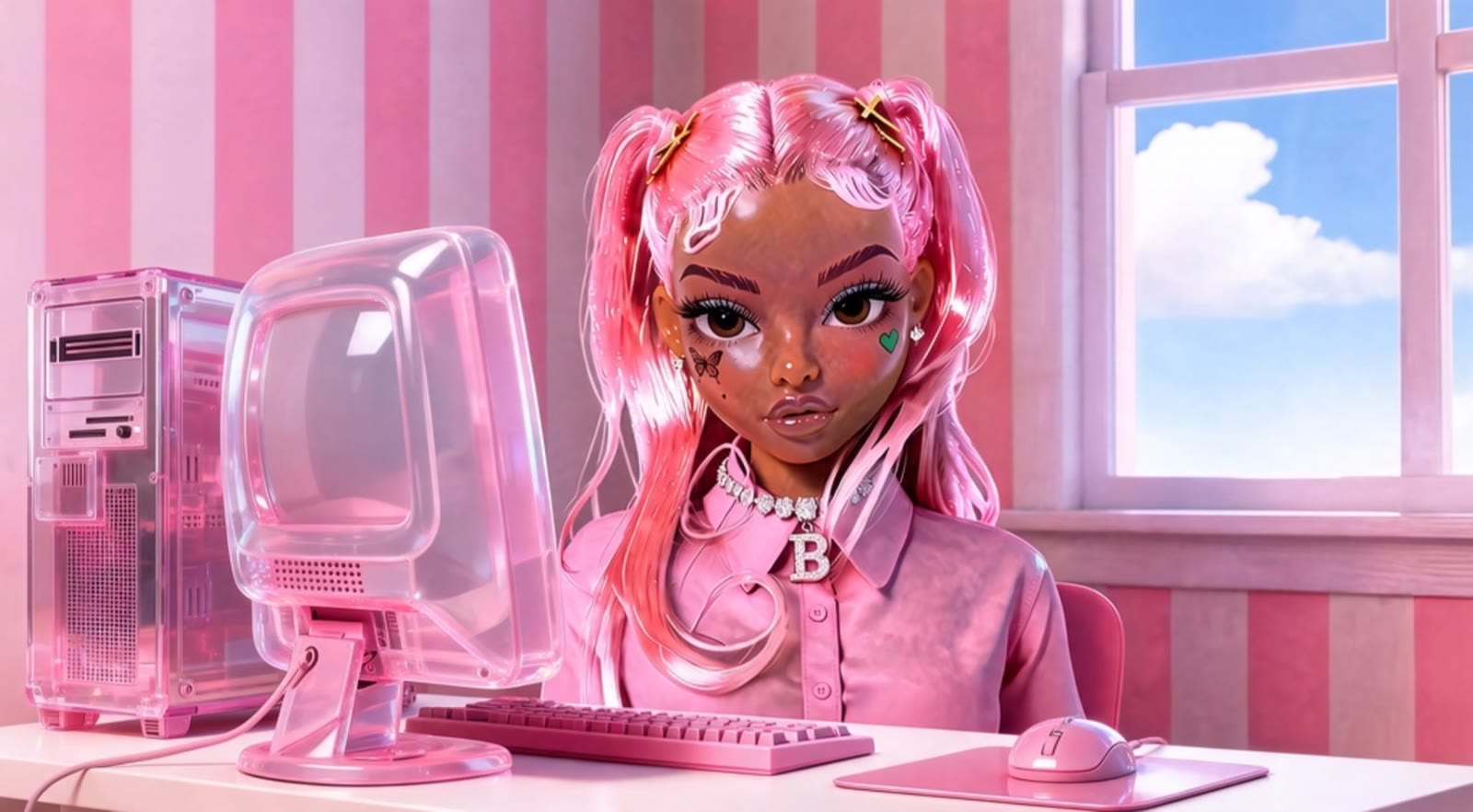 Glossy 3D Bali Baby with pink pigtails at a clear pink Y2K computer in a pink striped room